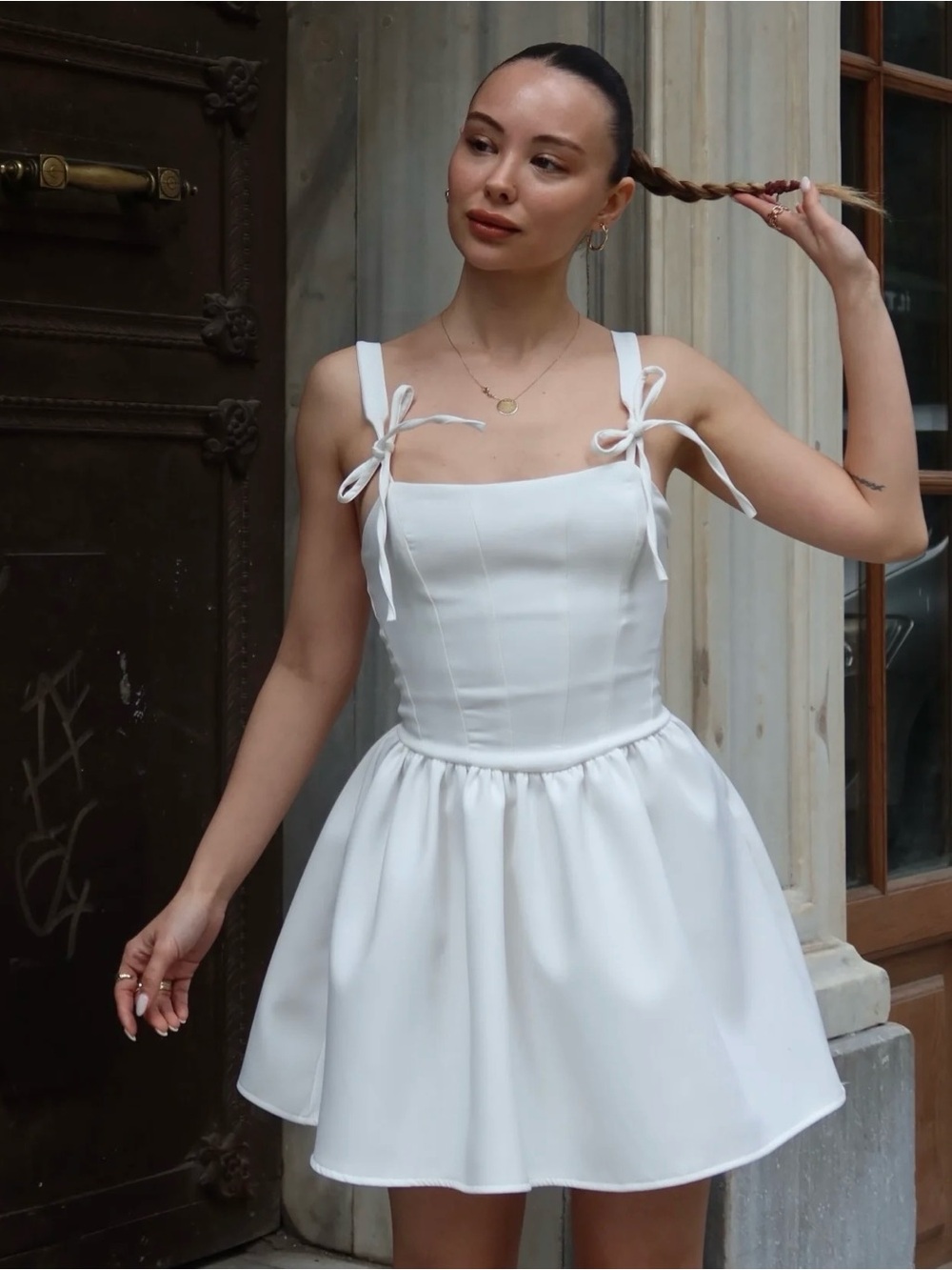 Zara White Corset-Style Voluminous Tie-Shoulder Fit & Flare Dress